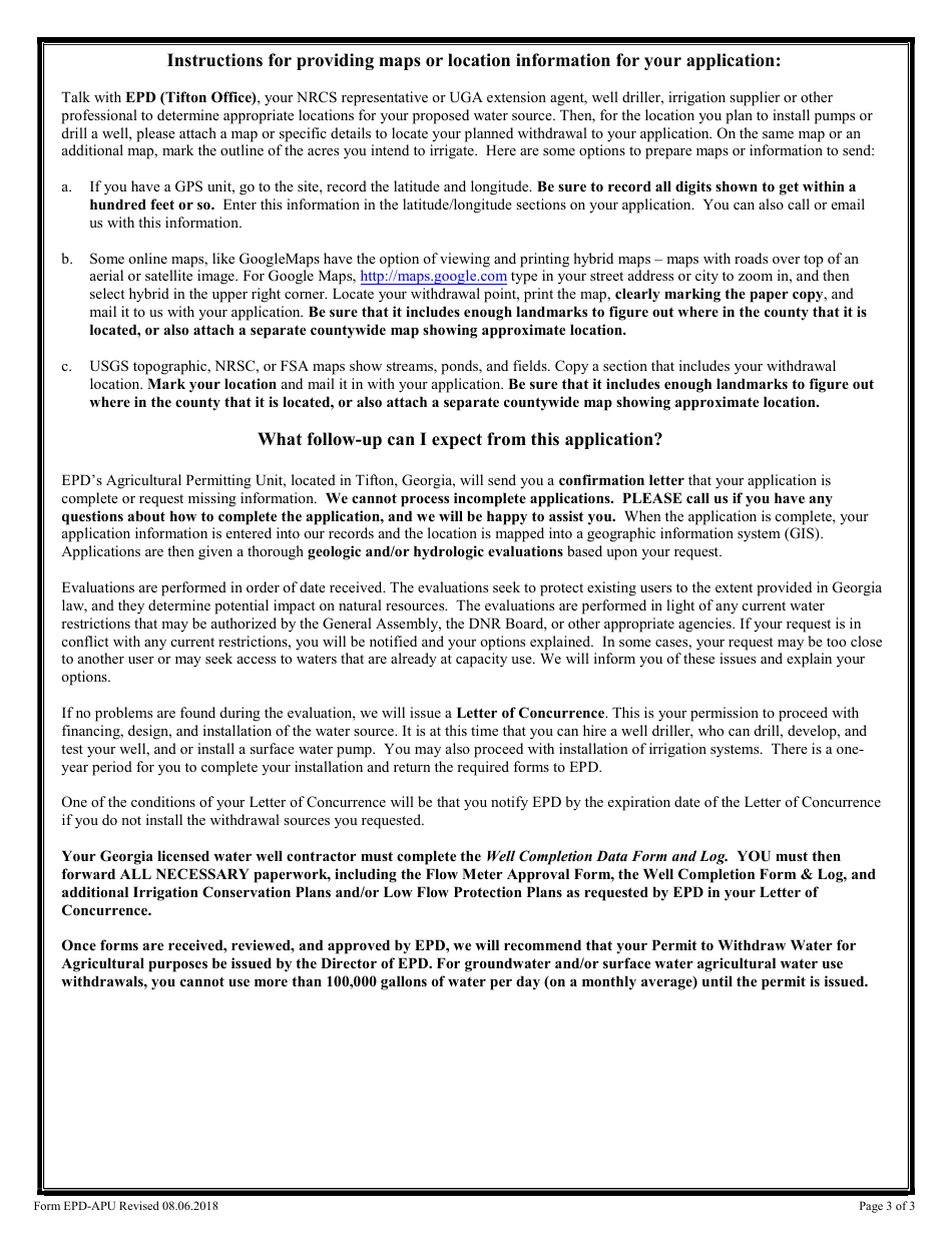 Form EPD-APU Application for a Letter of Concurrence to Install an Agricultural Water Withdrawal System - Georgia (United States), Page 3