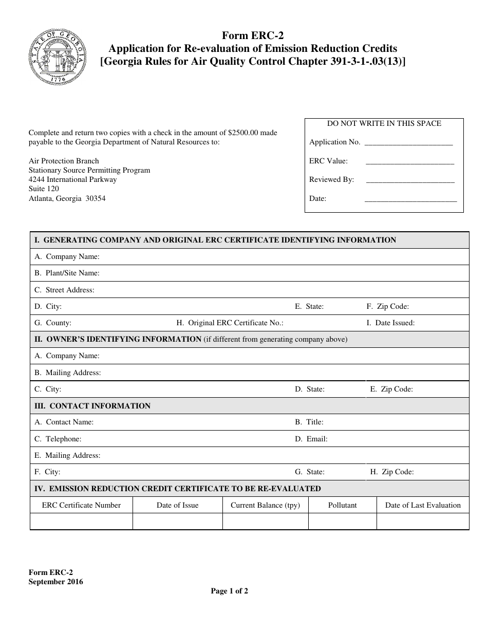 Form ERC-2 Application for Re-evaluation of Emission Reduction Credits - Georgia (United States), Page 1