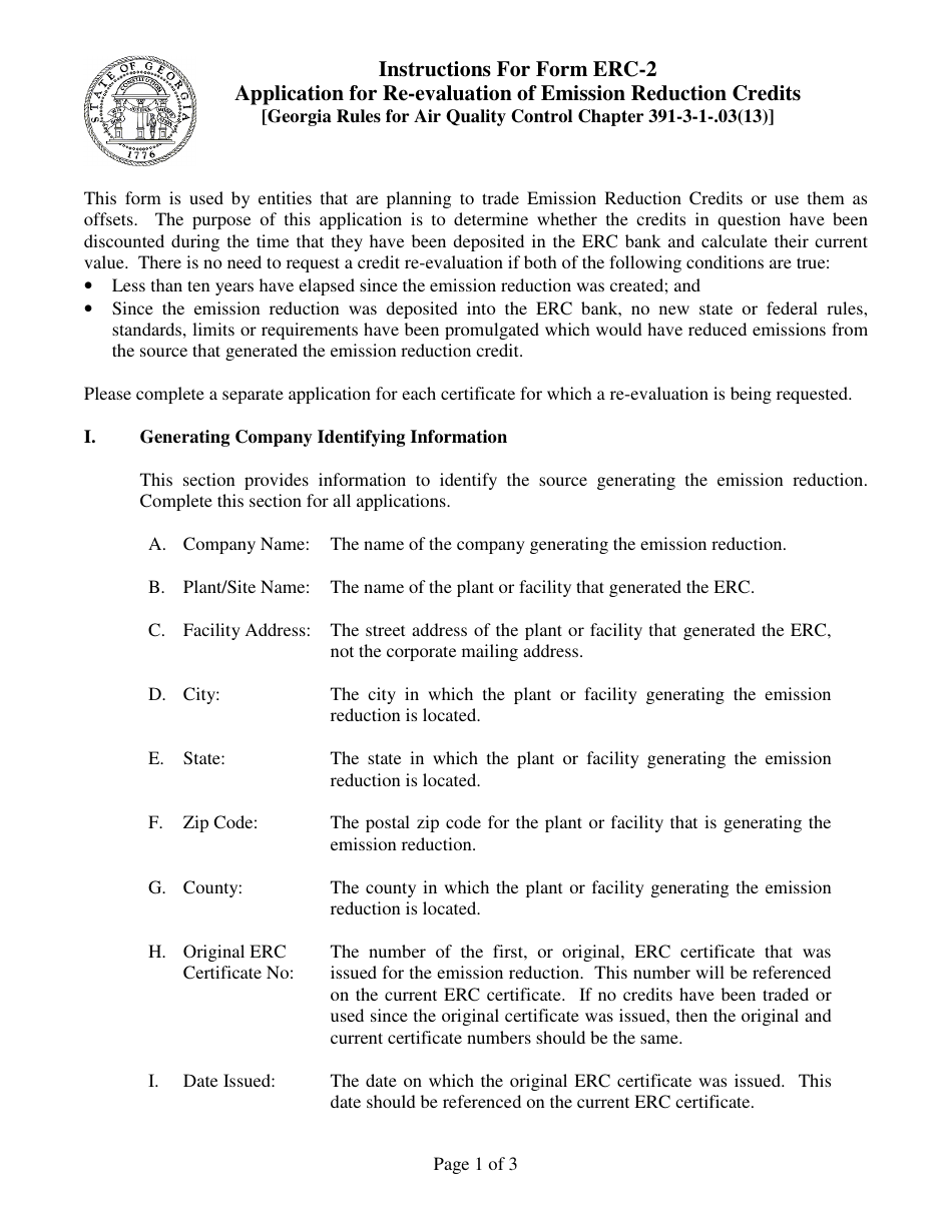 Instructions for Form ERC-2 Application for Re-evaluation of Emission Reduction Credits - Georgia (United States), Page 1