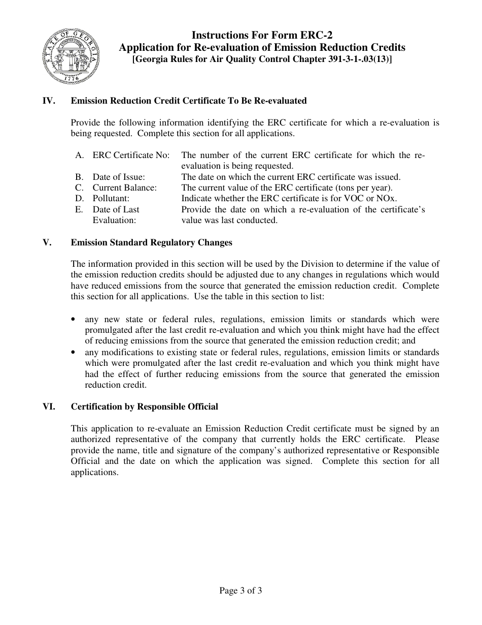 Instructions for Form ERC-2 Application for Re-evaluation of Emission Reduction Credits - Georgia (United States), Page 3