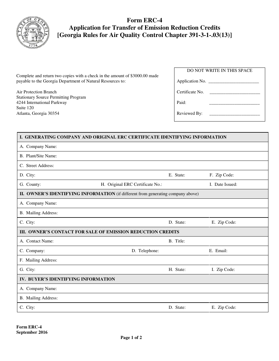 Form ERC-4 Application for Transfer of Emission Reduction Credits - Georgia (United States), Page 1