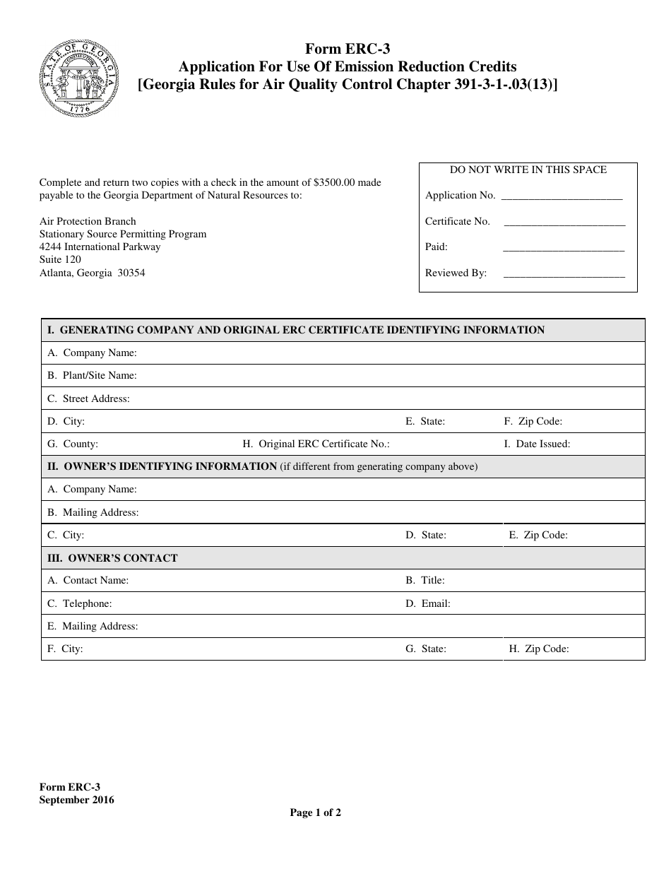 Form ERC-3 Application for Use of Emission Reduction Credits - Georgia (United States), Page 1