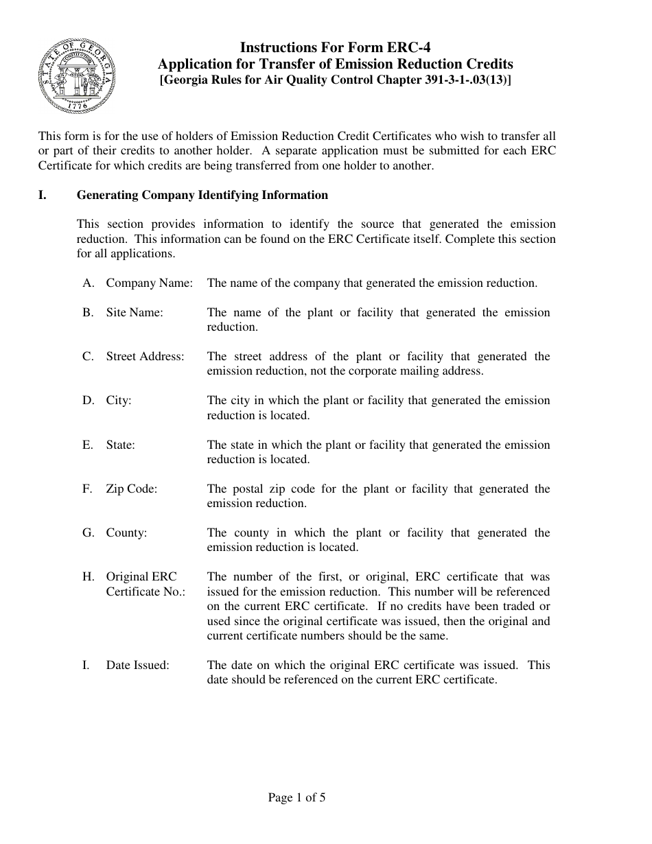 Instructions for Form ERC-4 Application for Transfer of Emission Reduction Credits - Georgia (United States), Page 1