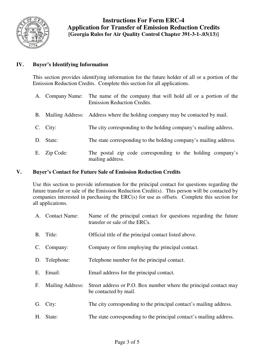 Instructions for Form ERC-4 Application for Transfer of Emission Reduction Credits - Georgia (United States), Page 3