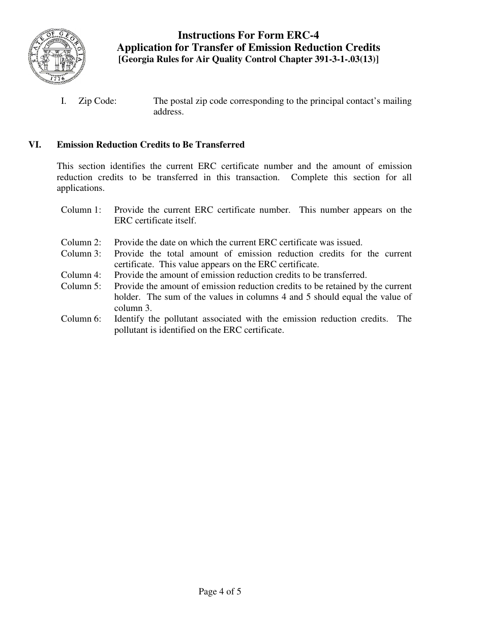 Instructions for Form ERC-4 Application for Transfer of Emission Reduction Credits - Georgia (United States), Page 4