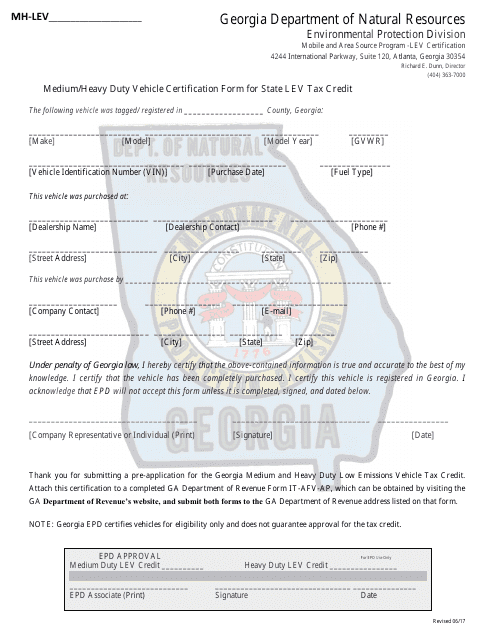 Medium / Heavy Duty Vehicle Certification Form for State Lev Tax Credit - Georgia (United States) Download Pdf