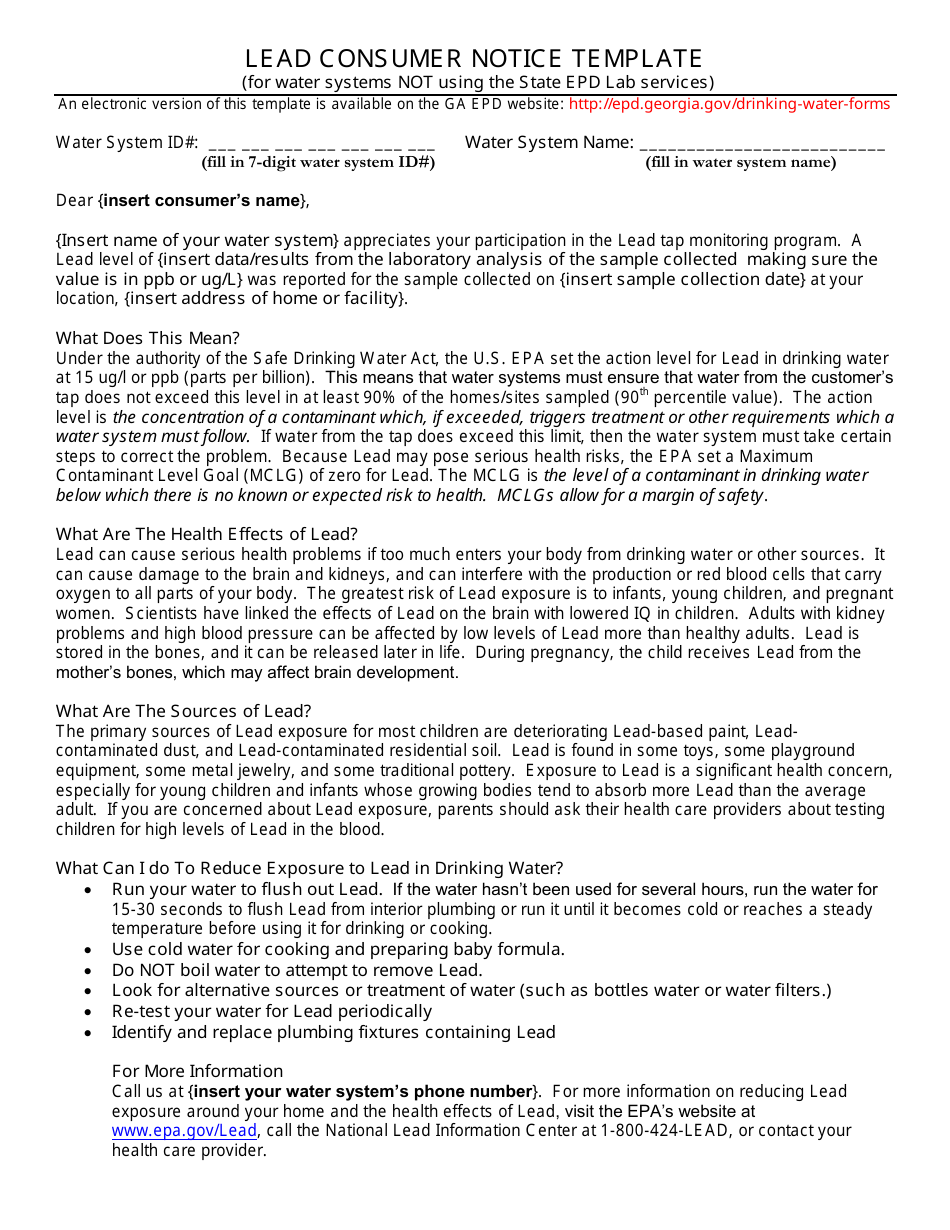 Lead Consumer Notice Template (For Water Systems Not Using the State Epd Lab Services) - Georgia (United States), Page 1