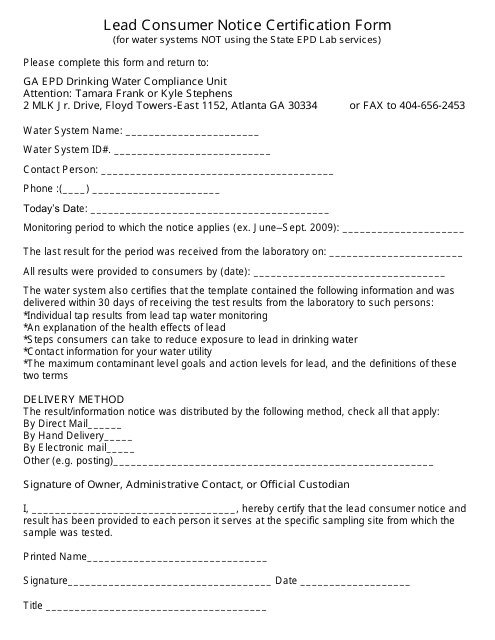 Lead Consumer Notice Certification Form (For Water Systems Not Using the State Epd Lab Services) - Georgia (United States) Download Pdf