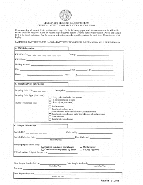Chemical Monitoring Laboratory Report Form - Georgia (United States) Download Pdf