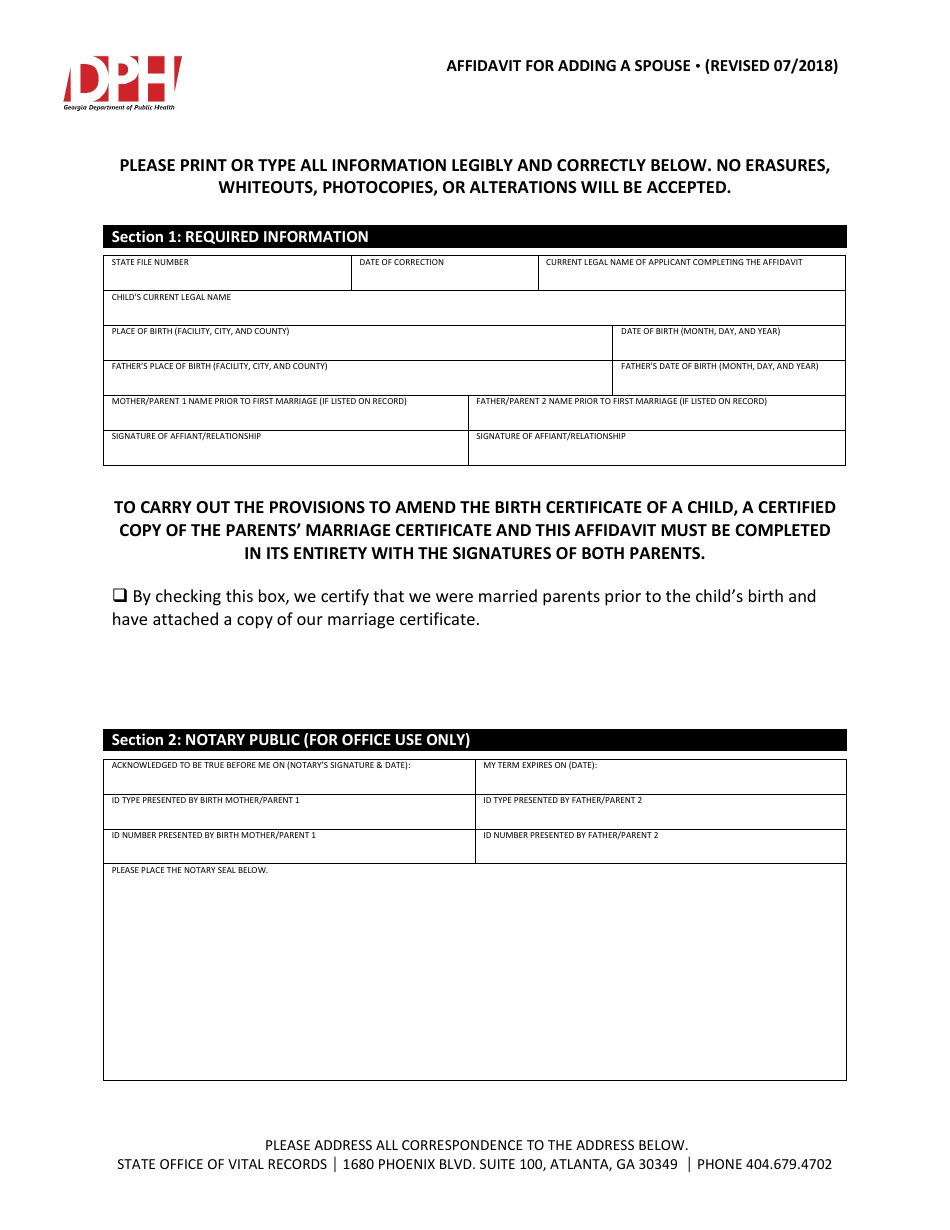 Affidavit for Adding a Spouse - Georgia (United States), Page 1