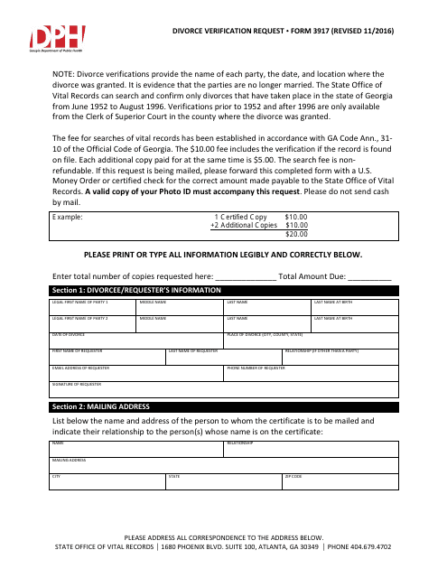 Form 3917 Divorce Verification Request - Georgia (United States)