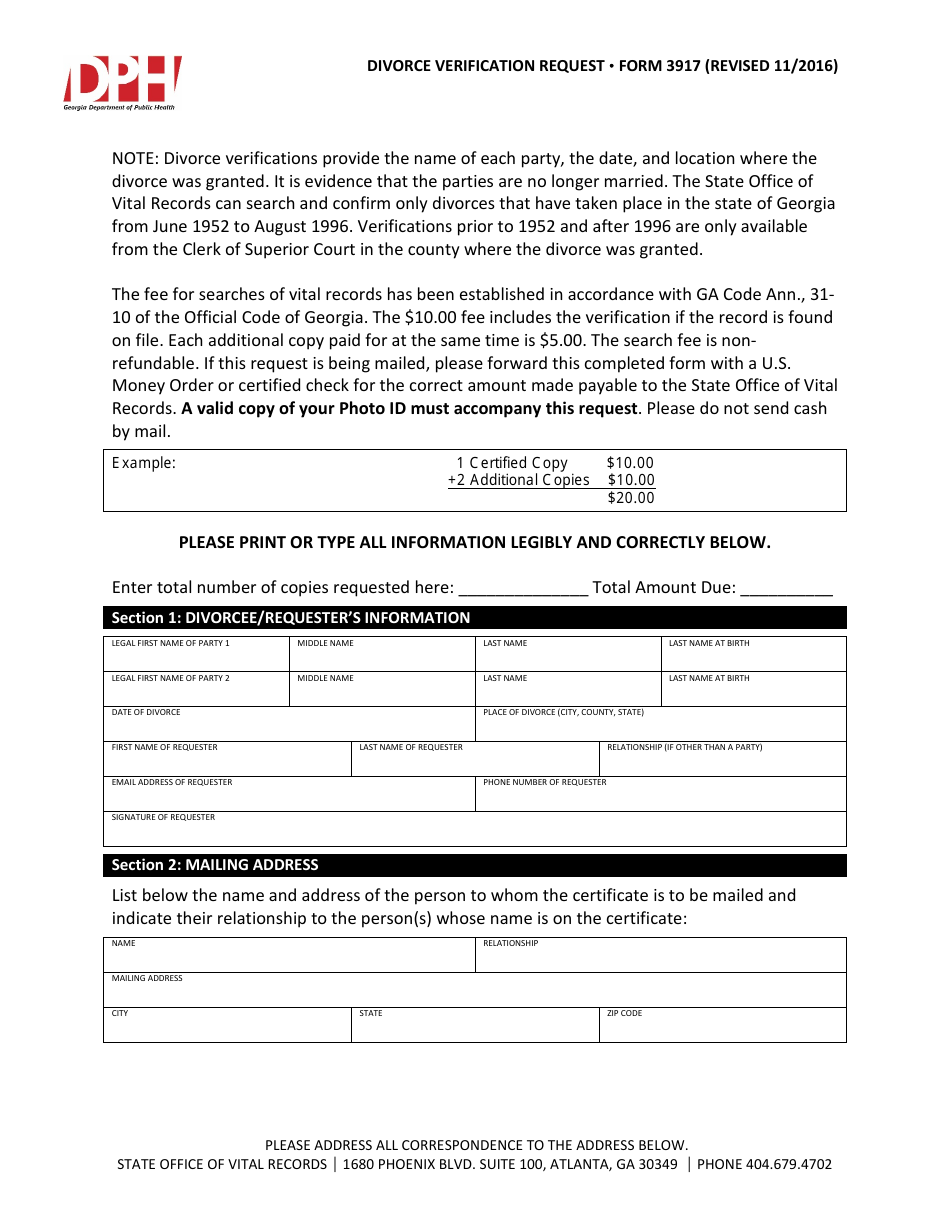 Form 3917 Divorce Verification Request - Georgia (United States), Page 1