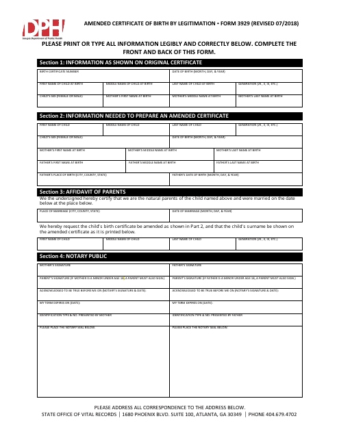 Form 3929 Amended Certificate of Birth by Legitimation - Georgia (United States)