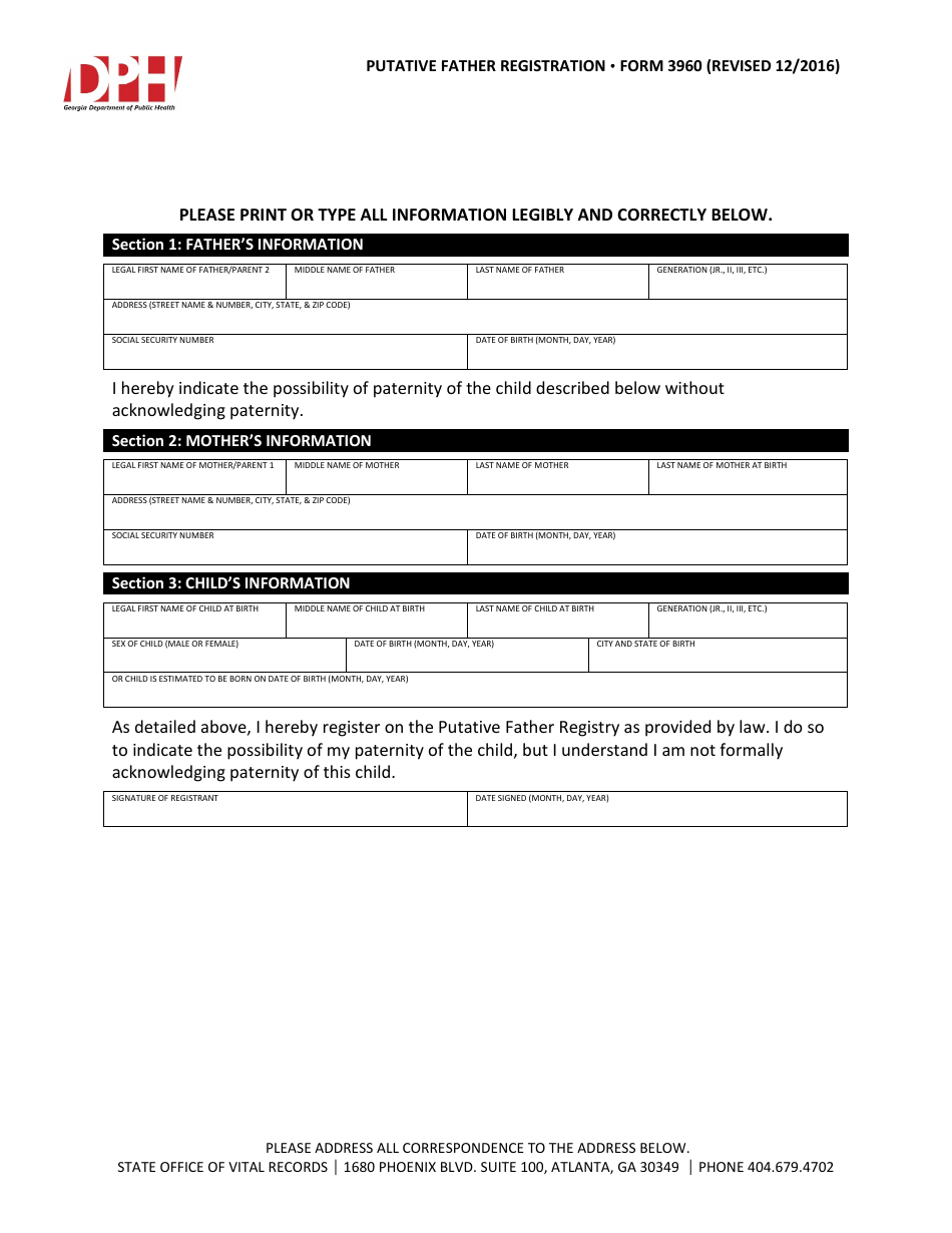 Form 3960 Putative Father Registration - Georgia (United States), Page 1