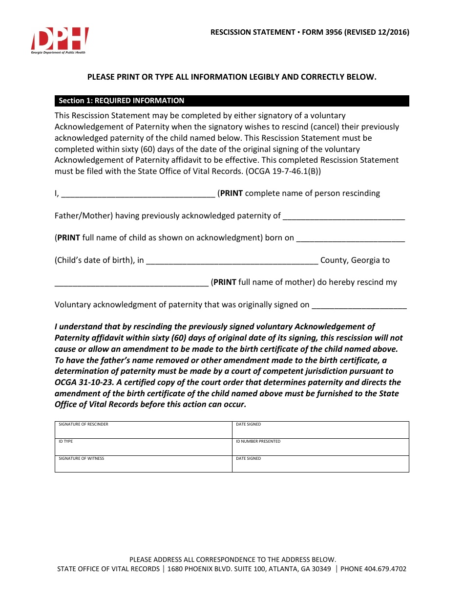 Form 3956 Rescission Statement - Georgia (United States), Page 1