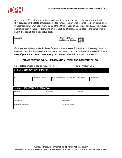 Form 3912 Request for Search of Death - Georgia (United States)