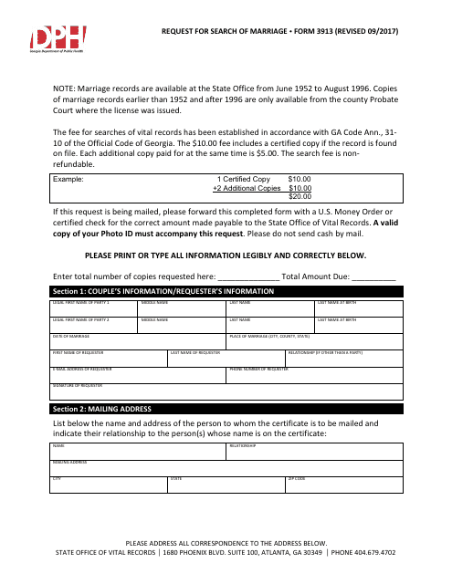 Form 3913 Request for Search of Marriage - Georgia (United States)