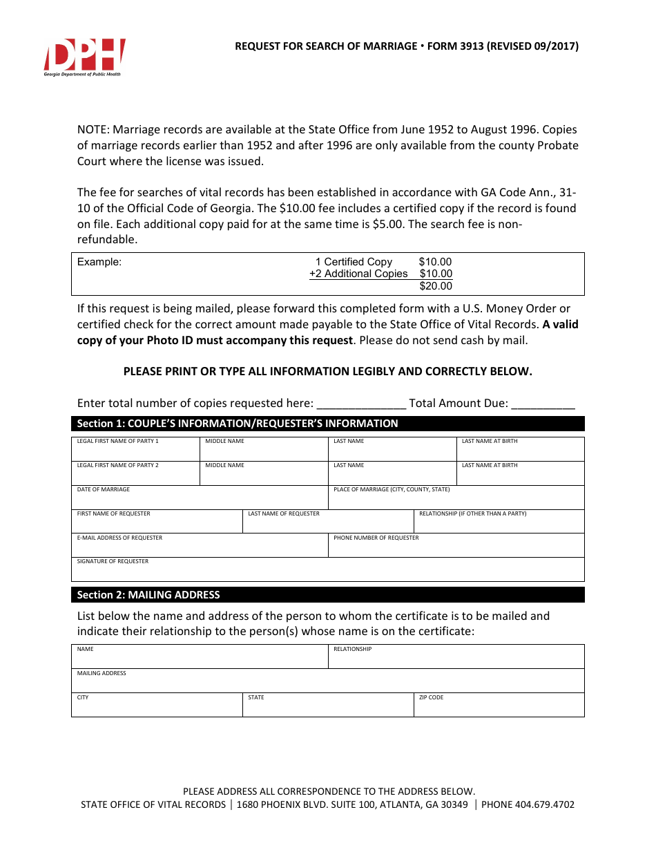Form 3913 Request for Search of Marriage - Georgia (United States), Page 1