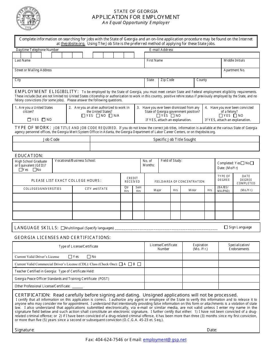 Georgia Application for Employment - Georgia (United States), Page 1