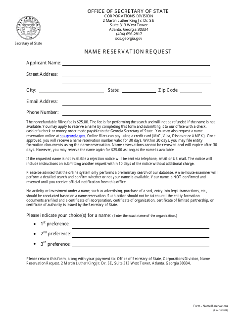Name Reservation Request Form - Georgia (United States) Download Pdf