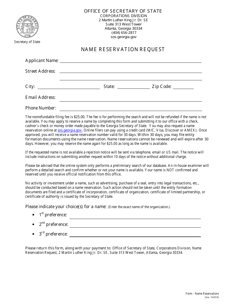 Name Reservation Request Form - Georgia (United States), Page 1
