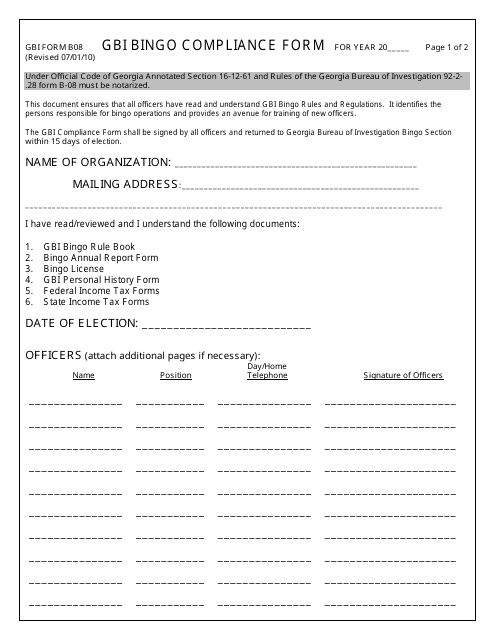 GBI Form B08 Gbi Bingo Compliance Form - Georgia (United States)