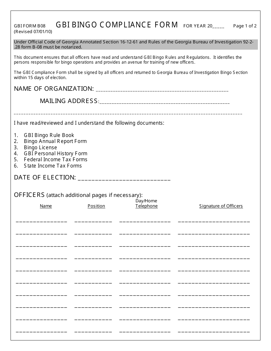 GBI Form B08 Gbi Bingo Compliance Form - Georgia (United States), Page 1