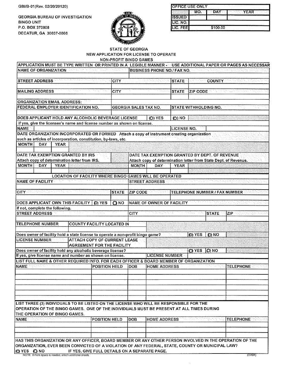 Form GBI / B-01 New Application for License to Operate Non-profit Bingo Games - Georgia (United States), Page 1
