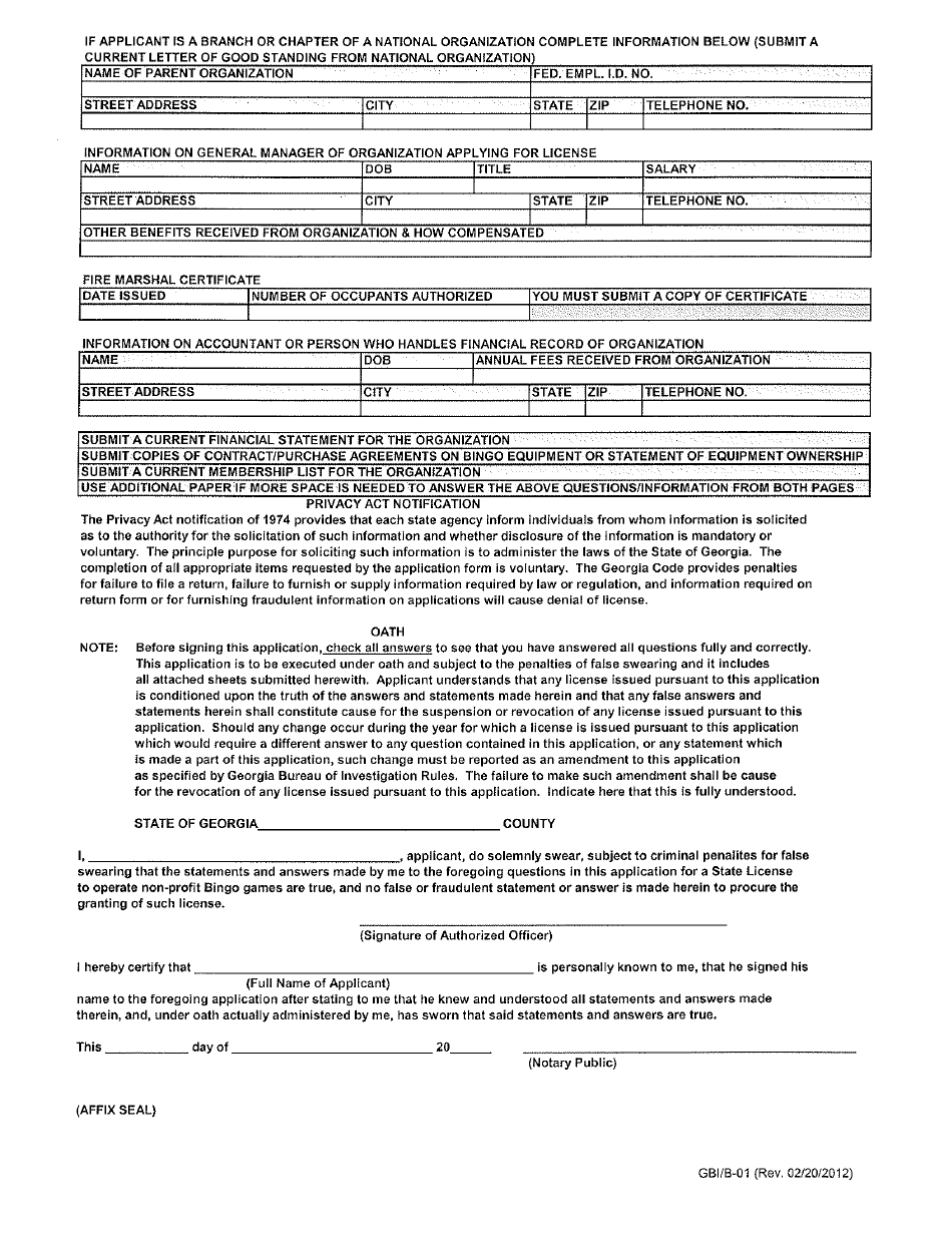 Form GBI / B-01 New Application for License to Operate Non-profit Bingo Games - Georgia (United States), Page 2