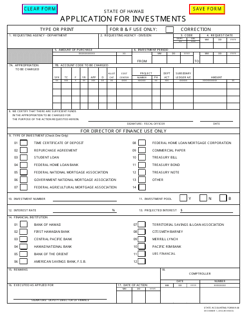 Form A-30 Application for Investments - Hawaii