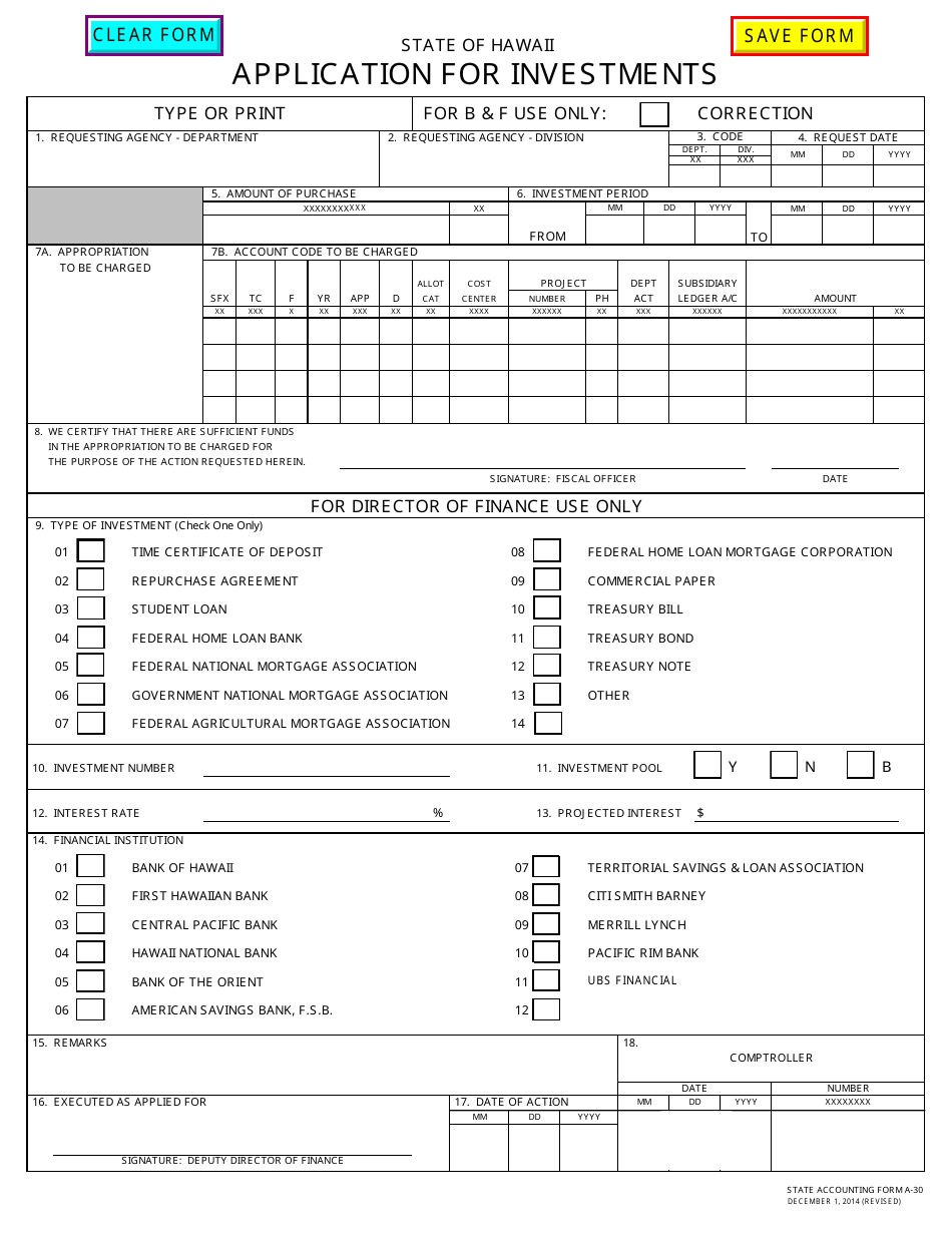 Form A-30 Application for Investments - Hawaii, Page 1