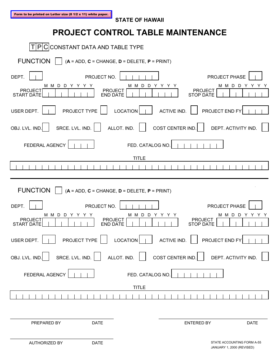 Form A-55 Project Control Table Maintenance - Hawaii, Page 1