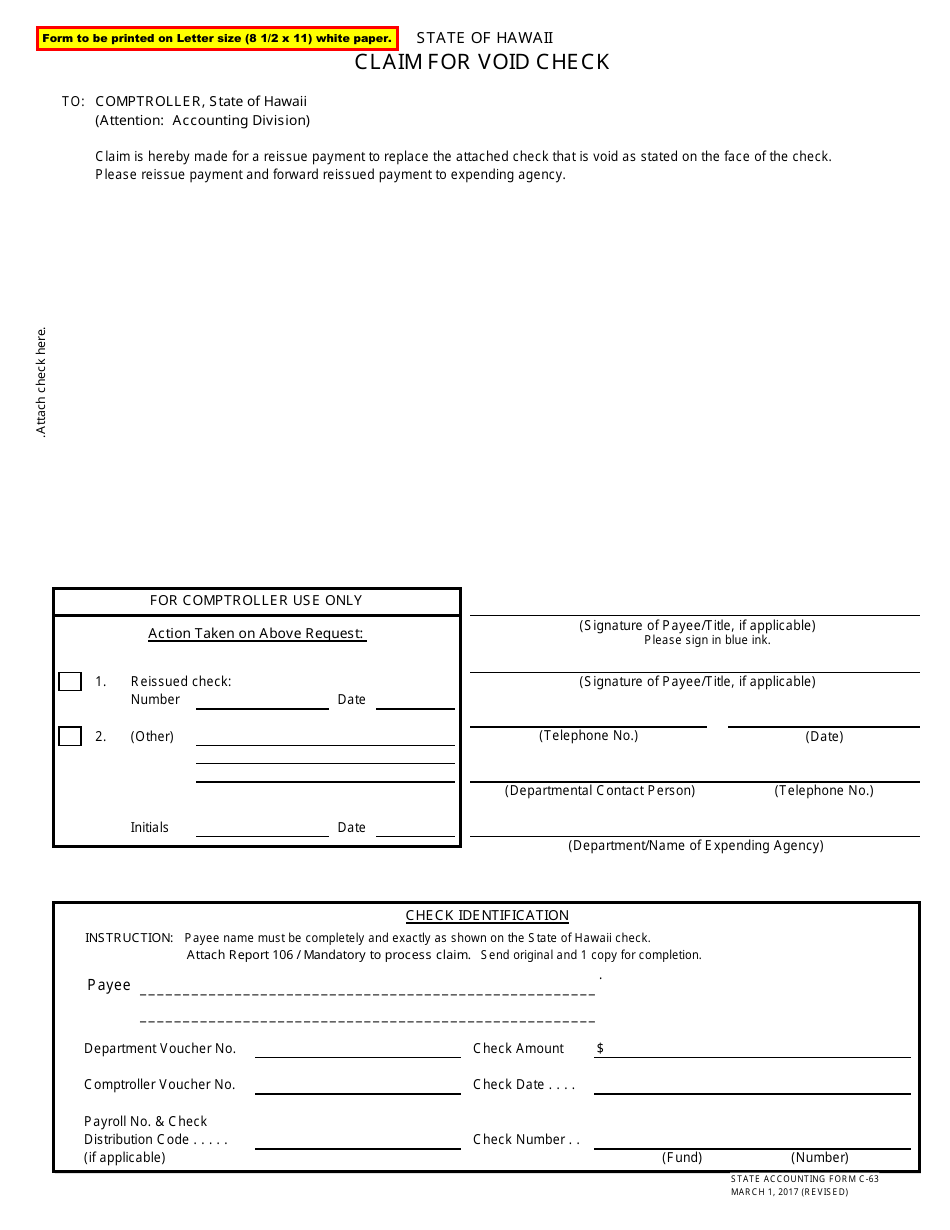 Form C-63 Claim for Void Check - Hawaii, Page 1