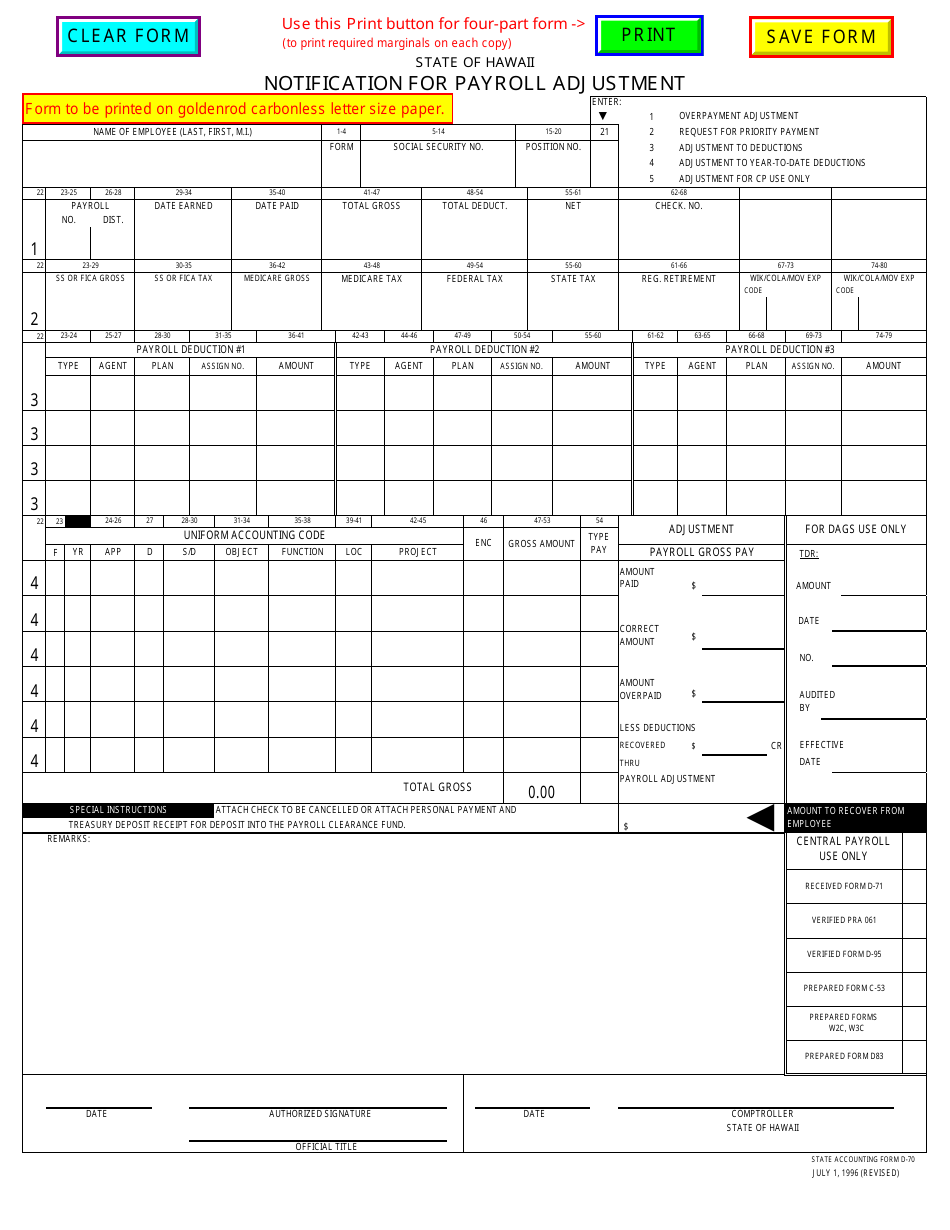 Form D-70 Notification for Payroll Adjustment - Hawaii, Page 1