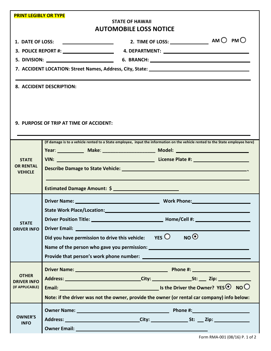 Form RMA001 Fill Out, Sign Online and Download Fillable PDF, Hawaii
