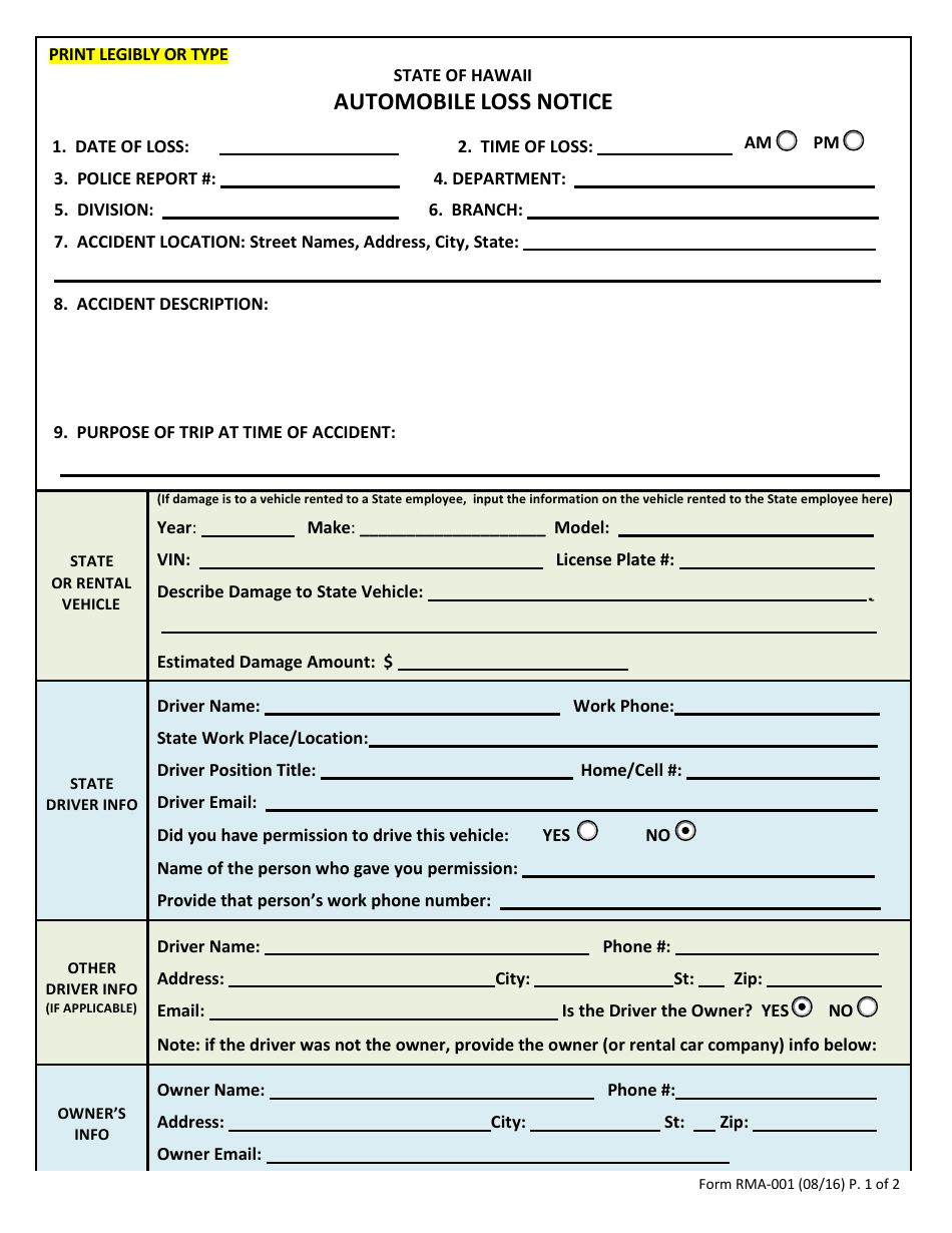 Form RMA-001 Automobile Loss Notice - Hawaii, Page 1