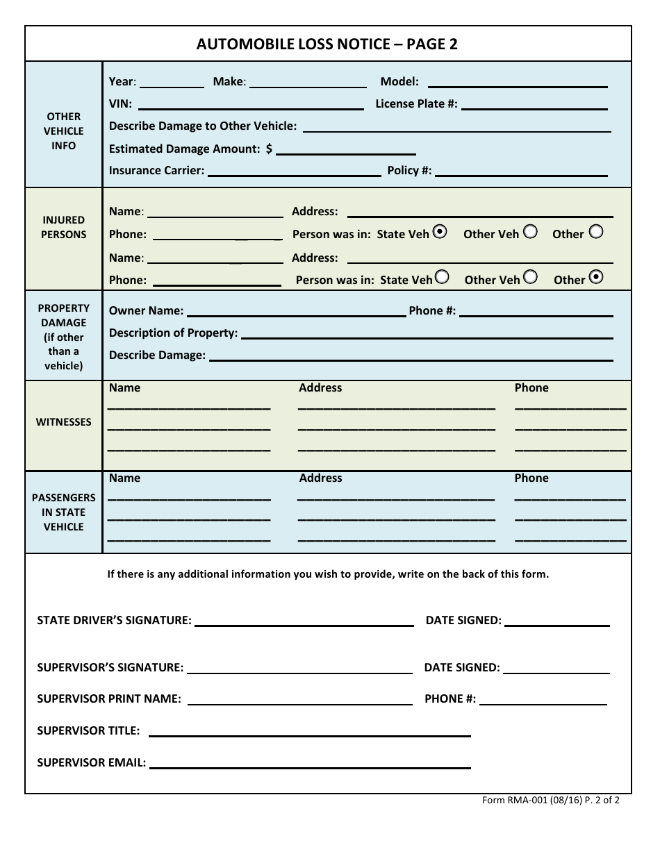 Form RMA-001 Automobile Loss Notice - Hawaii, Page 2