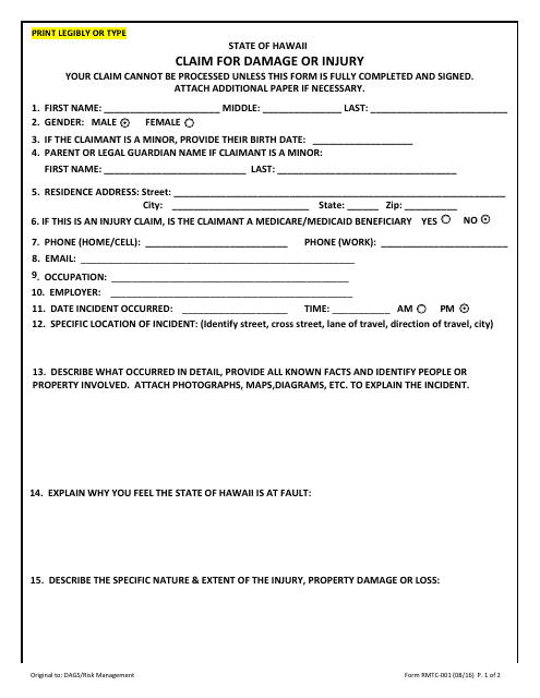 Form RMTC-001 Claim for Damage or Injury - Hawaii