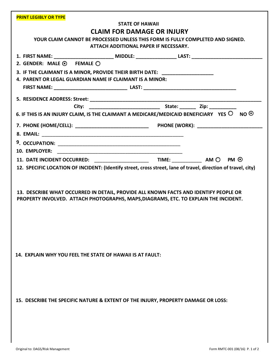 Form RMTC-001 Claim for Damage or Injury - Hawaii, Page 1