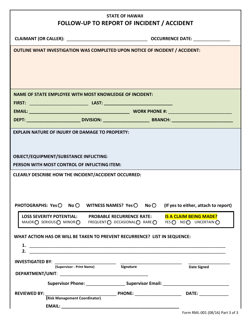 Form RML-001 Incident / Accident Report - Hawaii, Page 3