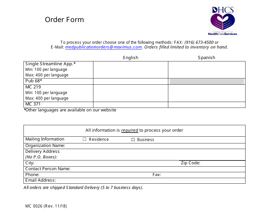 Form MC0026 Order Form - California, Page 1