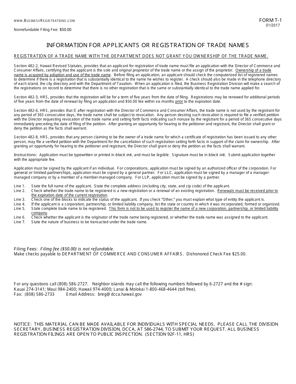Form T-1 Application for Registration of Trade Name - Hawaii, Page 2