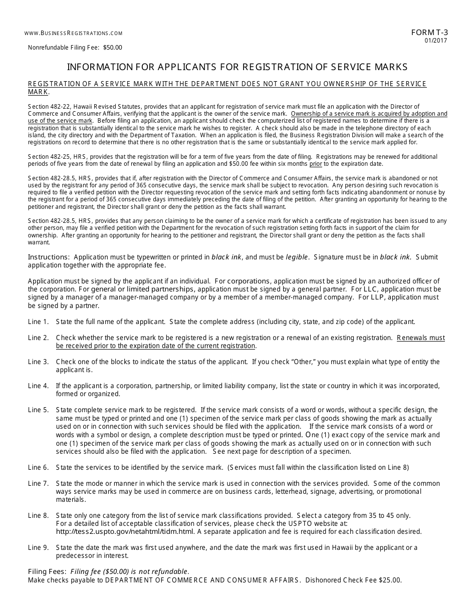 Form T-3 Application for Registration of Service Mark - Hawaii, Page 2