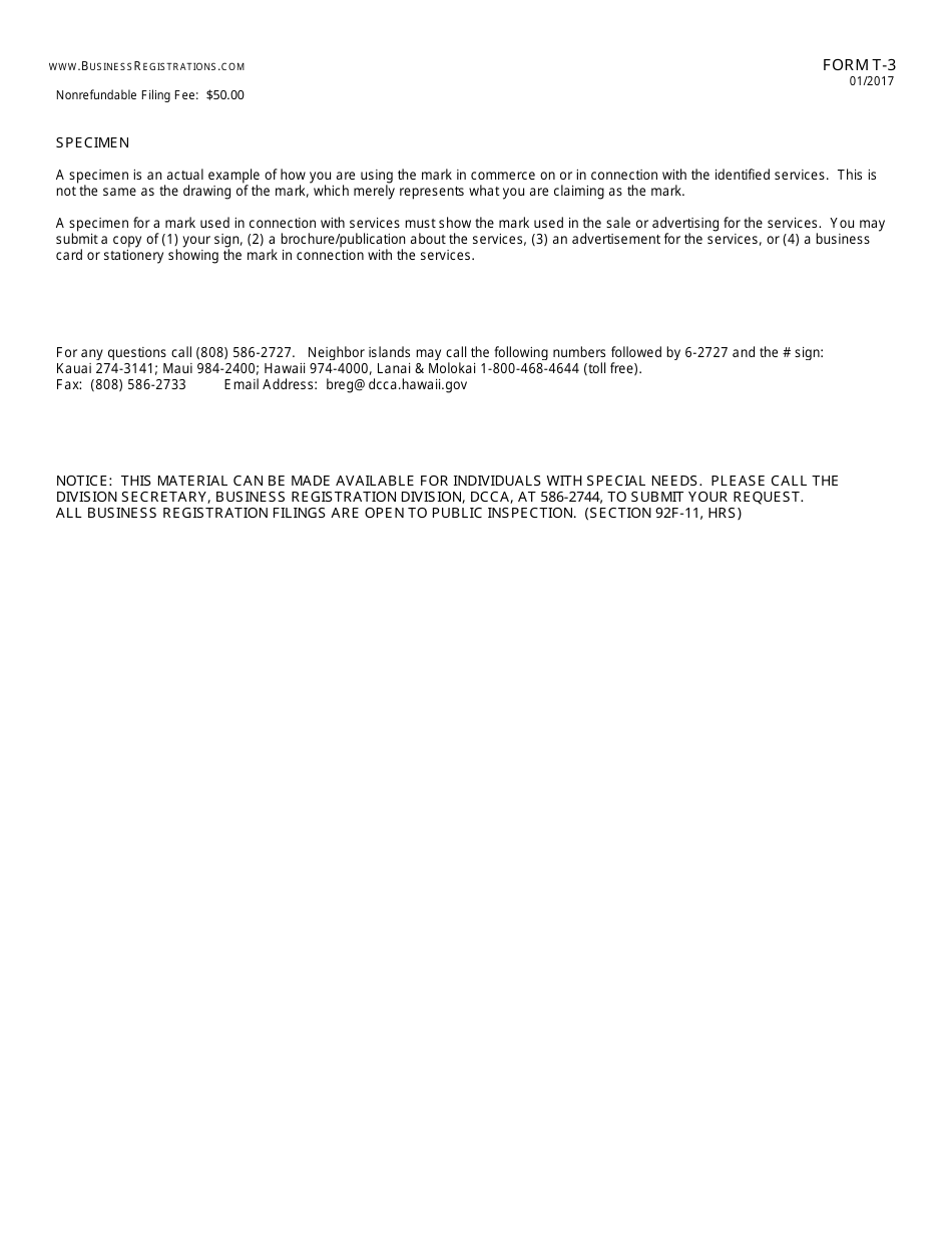Form T-3 Application for Registration of Service Mark - Hawaii, Page 3