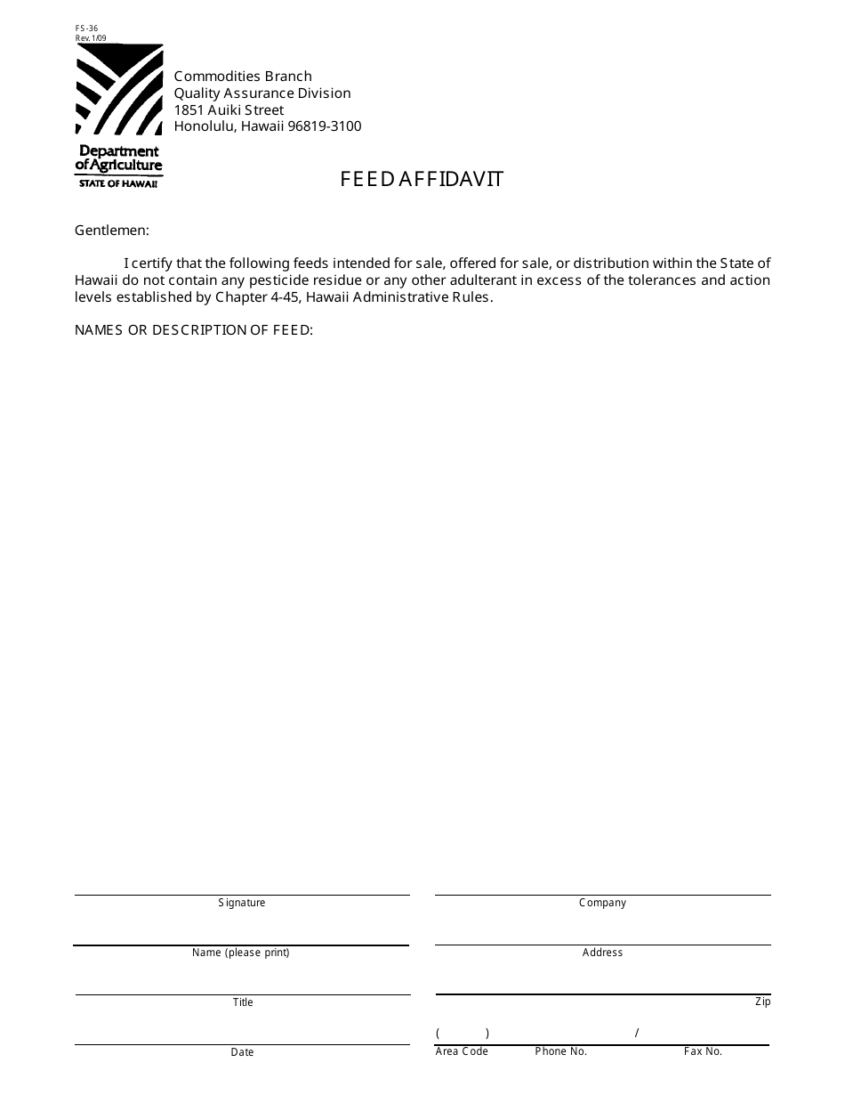 Form FS-36 Feed Affidavit - Hawaii, Page 1