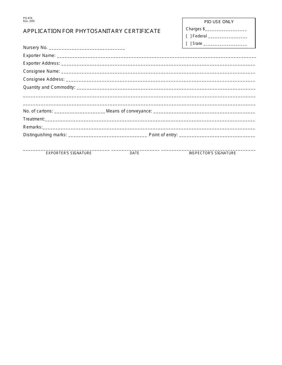 Form PQ-47A Application for Phytosanitary Certificate - Hawaii, Page 1