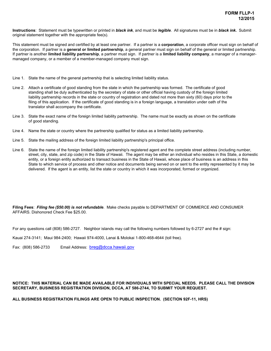 Form FLLP-1 Statement of Foreign Qualification - Hawaii, Page 2