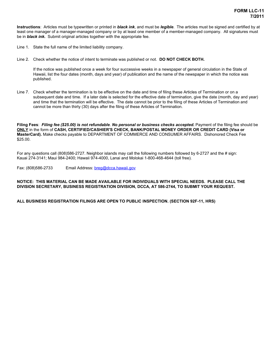 Form LLC-11 Articles of Termination - Hawaii, Page 3
