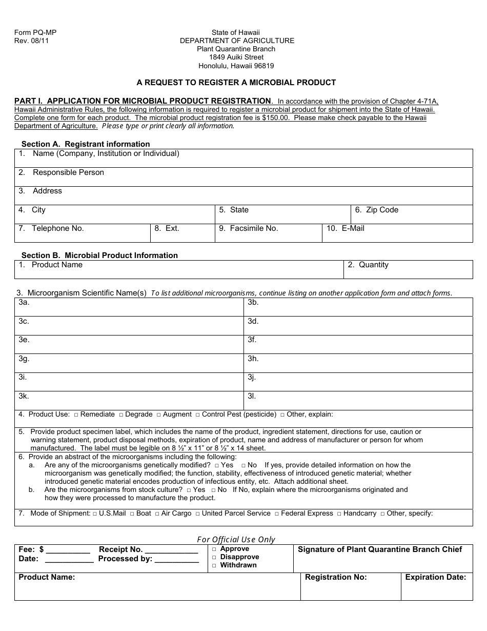 Form PQ-MP Request to Register a Microbial Product - Hawaii, Page 1