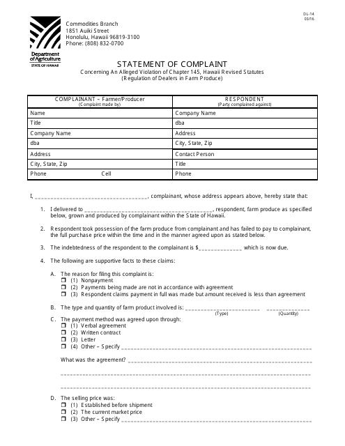 Form DL-14 Statement of Complaint - Hawaii